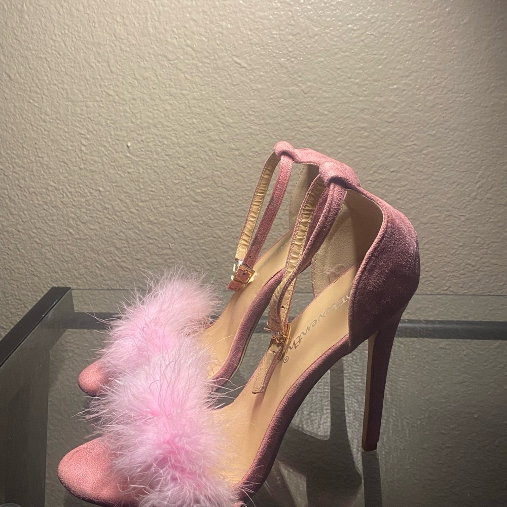 DEleventh Pink Velvet High Heels with Feather Detail